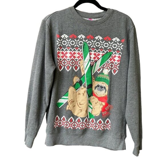 Holiday Time Sloth Ski Gray Christmas Ugly‎ Sweater Sweatshirt Men's M - Picture 1 of 5